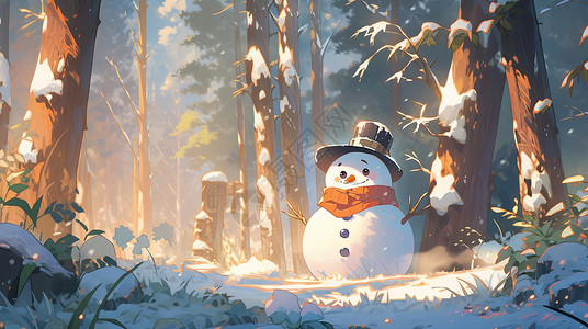冬天在雪地中树下一个可爱的卡通小雪人背景图片