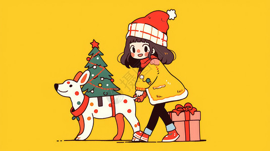 圣诞宠物戴着圣诞帽子可爱的卡通女孩正在调皮的揪着宠物狗尾巴插画