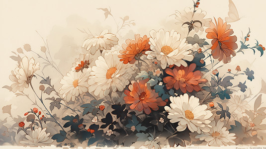 盛开的菊花秋天漂亮盛开的卡通菊花插画