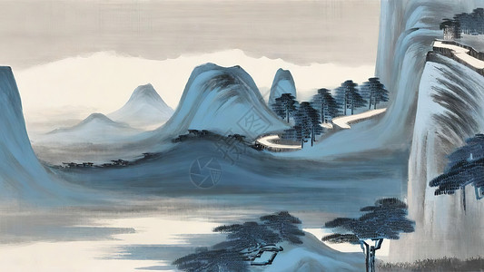 蓝灰调简约中国风山水画图片