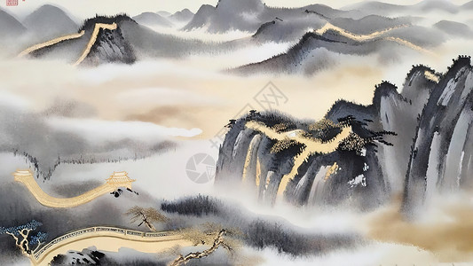 山水岩板色彩鎏金风格背景图片