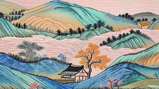 乡村田园风格多彩连绵起伏的山丘刺绣风格插画