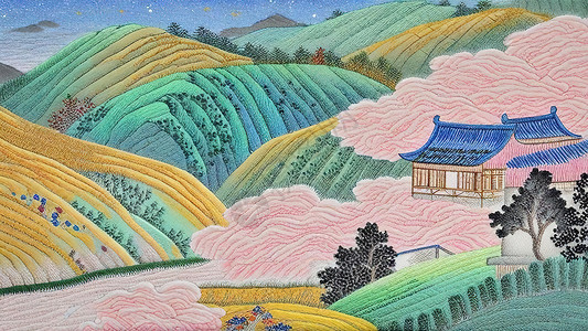 乡村田园风格连绵起伏的山丘插画