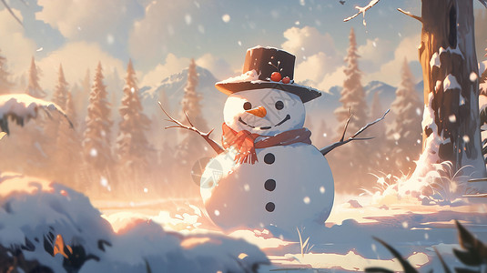 大雪中戴帽子可爱的卡通小雪人图片