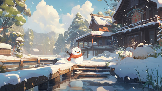 冬天大雪中的可爱木屋与房前可爱的卡通小雪人背景图片