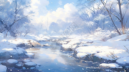 冬天山中雪后唯美的卡通小溪风景背景图片