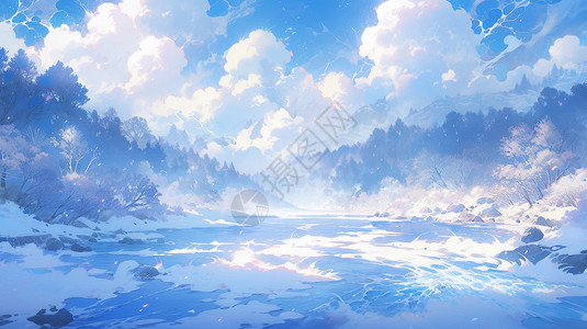 蓝色调唯美的卡通冬天风景图片