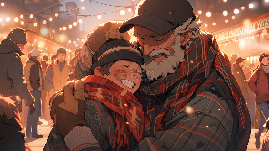 感恩节在繁华的商业街上拥抱开心笑的卡通爷爷与孙子图片