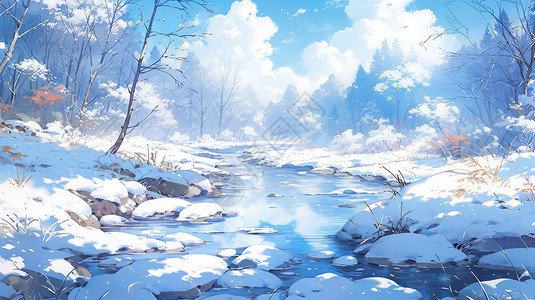 树林雪地森林中冬天雪后唯美卡通风景插画