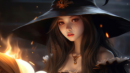 戴着超大魔女帽看书的卡通魔女插画