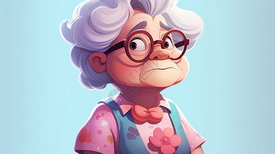 穿粉色的T恤的白发卡通老奶奶背景图片