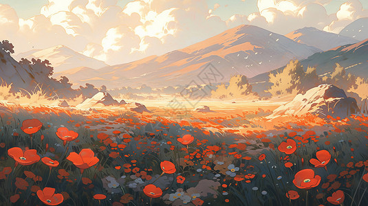 山野花秋天野外山坡上开满了红色的卡通花朵插画