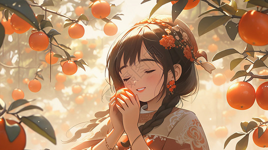 秋天在树下手拿橙色果实的古风装扮卡通女孩高清图片