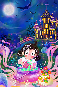 万圣节女孩幻想城堡鬼魂骷髅背景图片