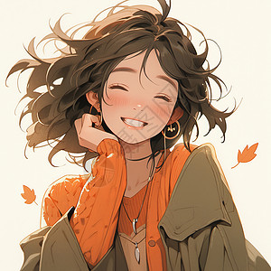 秋天穿着橙色毛衣开心笑的卡通女孩背景图片