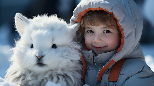 羽绒服人物穿着很厚的羽绒服戴着帽子与毛茸茸的宠物在雪地中的小孩插画