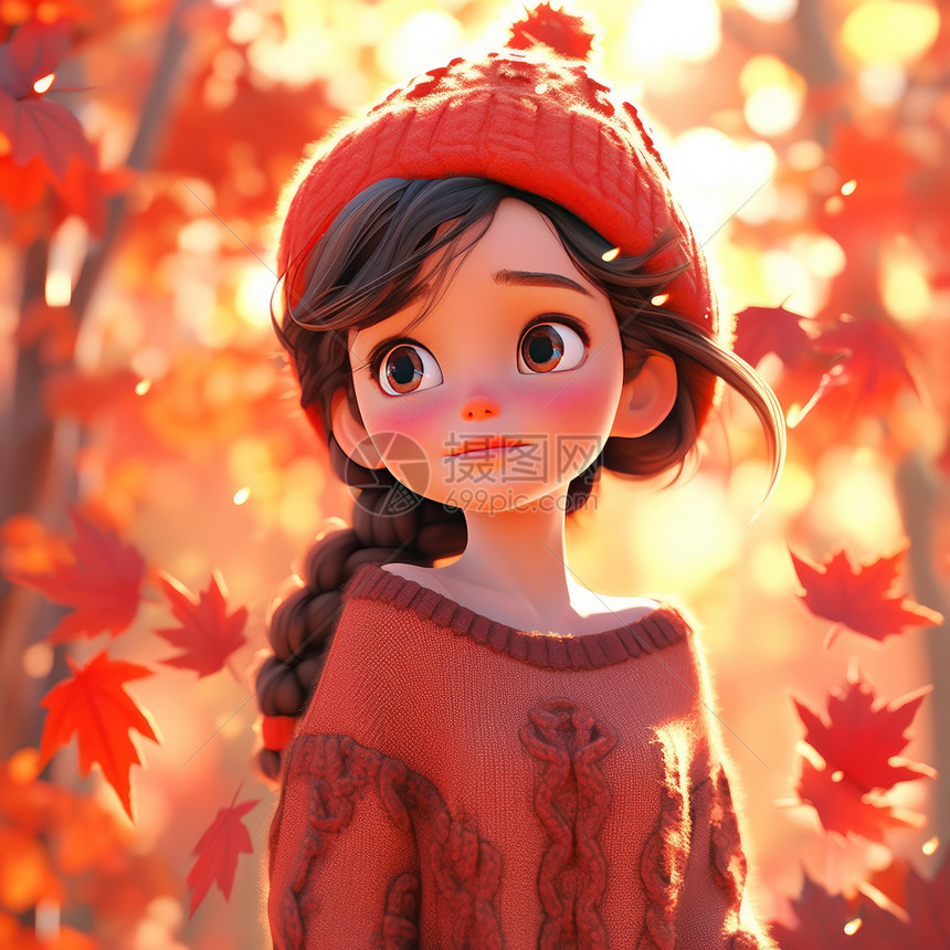 穿着红色毛衣欣赏枫叶的小清新卡通女孩图片
