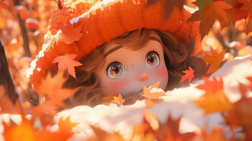 戴着毛线帽欣赏落叶的卡通小女孩图片