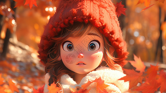 枫叶林中戴着红色粗毛线帽的可爱卡通小女孩高清图片