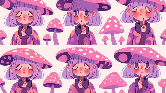 紫蘑菇各种表情紫色调可爱的卡通小女孩插画