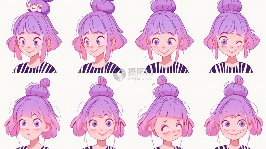 紫色头发很多表情的可爱活泼卡通小女孩图片