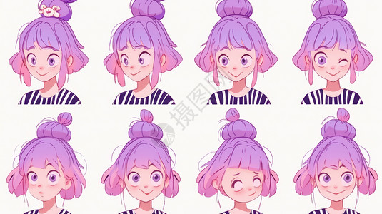 紫色头发很多表情的可爱活泼卡通小女孩背景图片