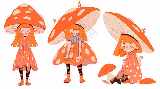 头顶橙色蘑菇的可爱卡通小女孩背景图片