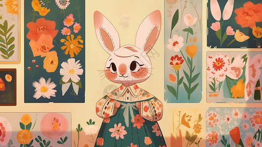 复活节的故事穿花裙子可爱的卡通小白兔插画