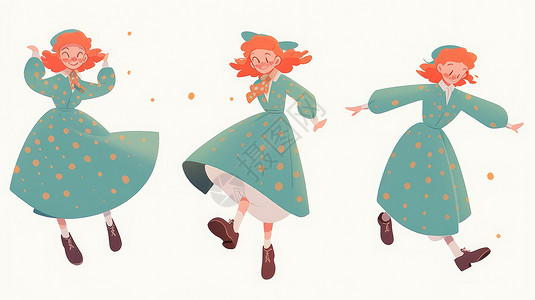 穿绿色长裙跳舞的橙色头发卡通女孩图片