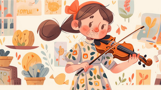 正在拉小提琴的可爱卡通小女孩，背景图片