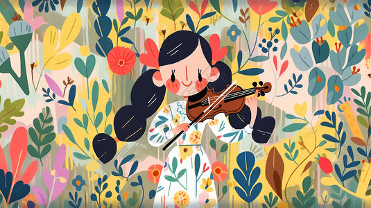 在花丛中拉小提琴的可爱黑色头发卡通小女孩背景图片