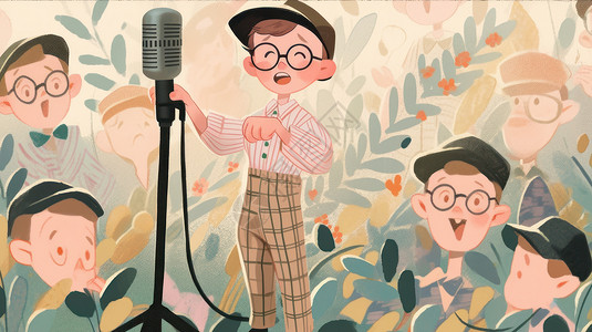 拿话筒唱歌在花丛中拿麦克风讲话的卡通男孩插画