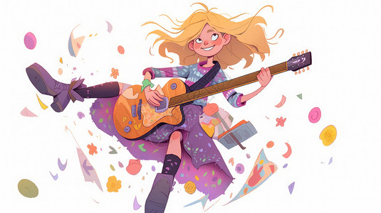 儿童乐器金色长发开心弹吉他的可爱卡通小女孩插画