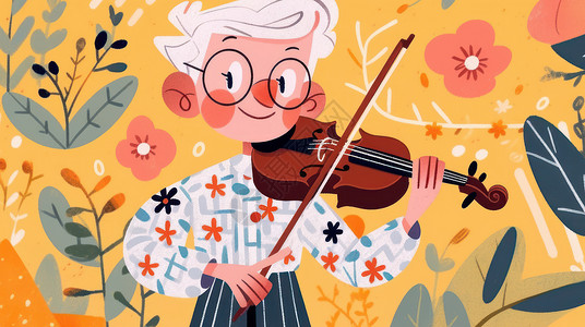 拉小提琴的男孩白色头发卡通男孩拉小提琴插画
