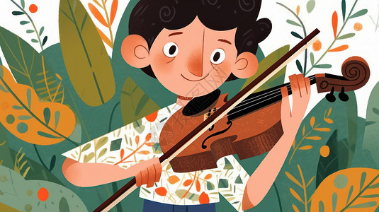 拉小提琴的男孩穿花T恤的卡通男孩在优雅的拉着小提琴插画