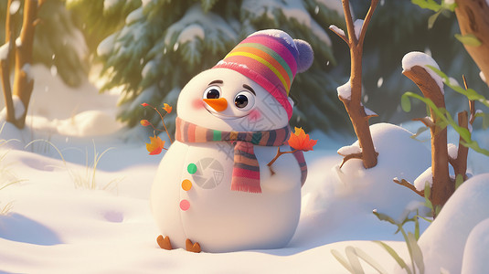 戴着彩色毛线帽可爱的卡通小雪人背景图片