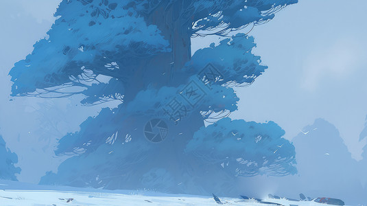 冬天雪中高大魔幻的卡通古树背景图片