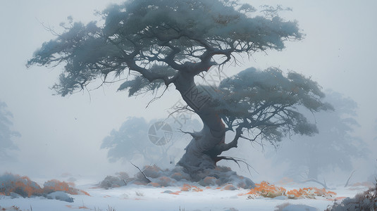 冬天雾气冬天有雾气的森林中一棵老古树插画