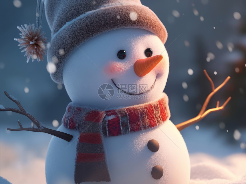 雪中微笑的可爱卡通小雪人图片