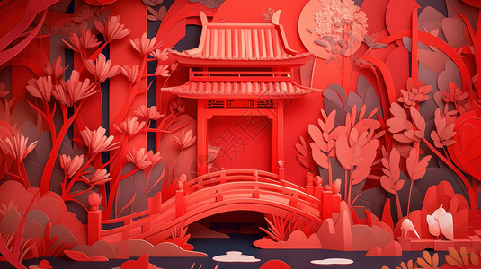 喜庆红色剪纸风森林中桥旁一座古建筑高清图片
