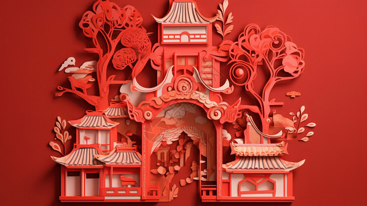 红色背景上喜庆剪纸风建古筑背景图片