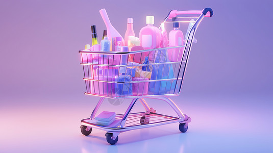 粉色化妆包购物节装着很多护肤品的购物车插画