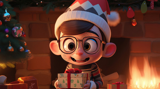 戴着黑色眼镜框戴着圣诞帽抱着礼物卡通男孩背景图片