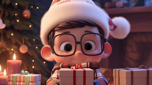 抱着礼物的男孩圣诞节抱着礼物盒开心笑的卡通小男孩插画