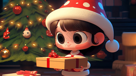 戴着圣诞帽抱着礼物的卡通小女孩背景图片
