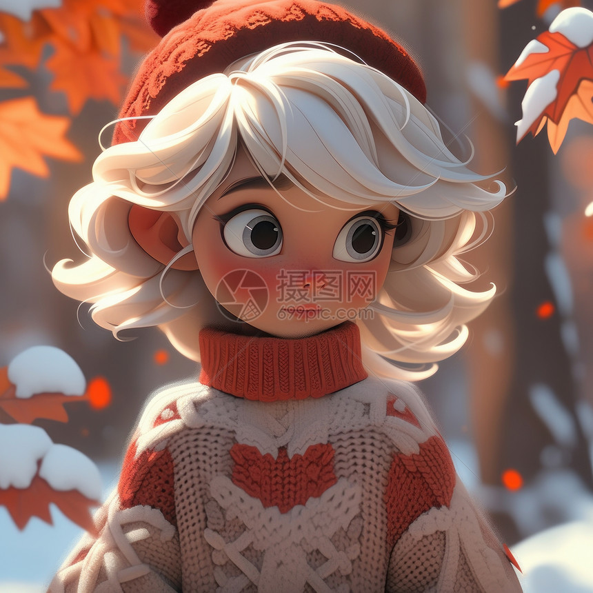 穿着毛衣在雪后森林中散步的可爱卡通小女孩图片