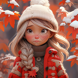 穿着厚外套在雪后枫树林中的卡通小女孩高清图片