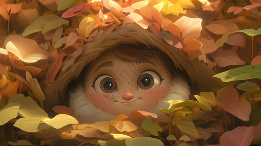 秋天躲在树叶中的可爱卡通人物背景图片