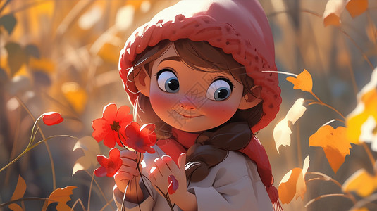 秋天在森林中手拿花朵开心玩耍的可爱卡通小女孩背景图片