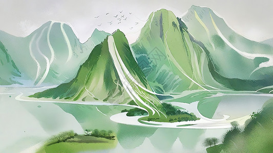 景色秀丽山湖秀丽壮美千里江山景色插画